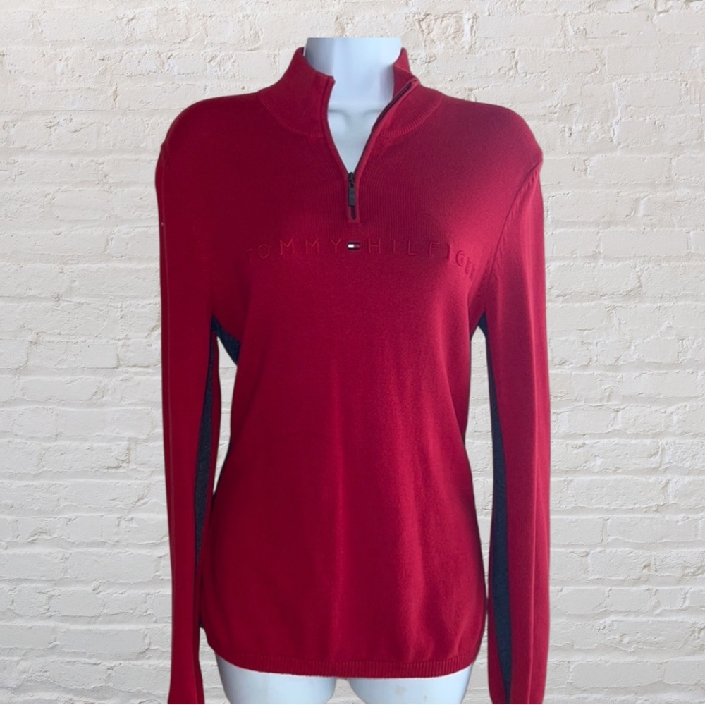 Tommy Hilfiger Medium Red and Gray Sweater 💯 Cotton